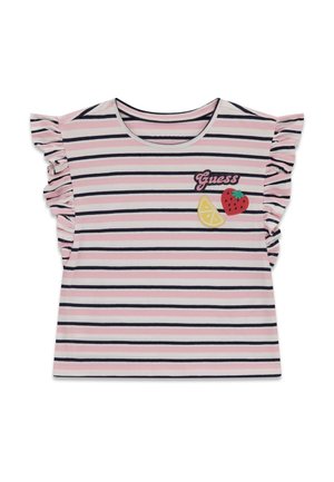 Haut à manches courtes pour enfants avec des rayures horizontales rose, blanc et noir, des manches volantées et des appliques de fruits avec le logo "Guess" sur le devant.