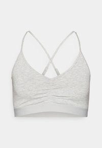 Γκρι σουτιέν bralette με μαλακό ύφασμα, που διαθέτει ραμμένο μπροστινό μέρος, ρυθμιζόμενους χιαστί ιμάντες στην πλάτη και λάστιχο στο κάτω μέρος για άνεση.