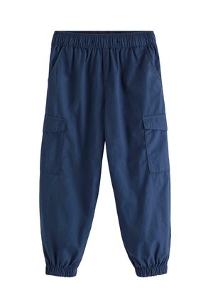 Mørkeblå cargobukser med elastisk talje, sidelommer med klap og elastiske manchetter.