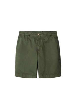 Groene katoenen shorts met een knoopsluiting, platte voorkant, zijzakken en een rechte zoom. Glad textuur met minimale stikdetails.