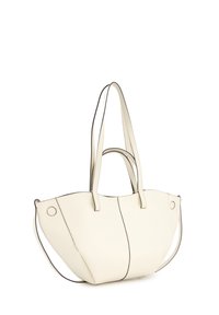 Cream handbag made of smooth material with structured shape, dual handles, and distinctive seam details. Features minimalist design and neutral color.