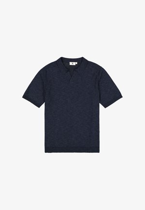 Marineblauw poloshirt met korte mouwen, gemaakt van een gestructureerde stof met een klassieke kraag, voorzien van een rechte zoom en geribbelde manchetten.