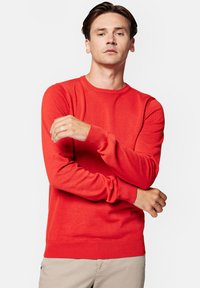 Czerwona sweter z miękkiego materiału dzianinowego, z okrągłym dekoltem oraz ściągaczami na rękawach i na dole. Modelka pozuje z założonymi rękami.