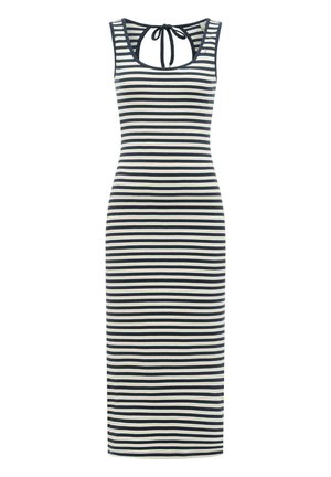 Sukienka bez rękawów, sięgająca do kolan, z granatowo-białymi poziomymi paskami i wiązaniem z tyłu przy dekolcie.