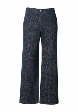 Bredde ben jeans i mørkeblå denim med et leopardprinthmønster. Inkluderer forlommer og en metal knaplukning.