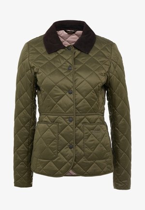 Olive green quilted jacket with a corduroy collar, snap buttons, and two front pockets. Subtle branding on the lower pocket area.