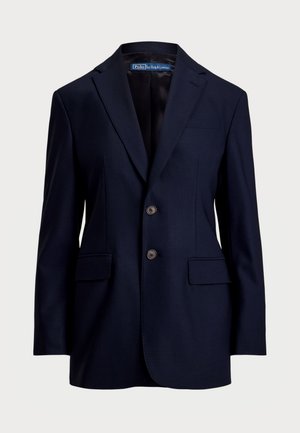 Navy blazer with two buttons, notched lapels, and flap pockets. Made of textured fabric, featuring a smooth interior lining.