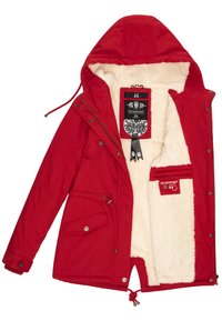 Red jacket with a textured fleece interior, adjustable hood, snap buttons, and a front pocket. Features brand label on the inner lining.