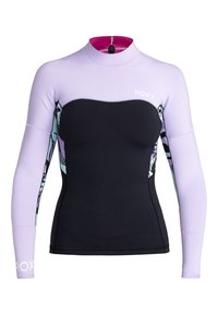 Neopreno de manga larga con la parte superior en color lila y el torso negro. Los paneles laterales presentan un patrón gráfico colorido. Accesorios decorativos en el cuello.