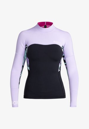 Langarm wetsuit met een lila bovenkant en een zwarte torso. De zijpanelen hebben een kleurrijk grafisch patroon. Decoratieve hardware bij de nek.