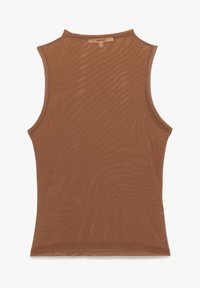 Bruine, mouwloze top van transparante gaasstof met een hoge halslijn en een slim fit. Heeft een strakke, naadloze ontwerp.