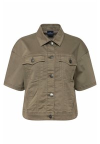 Oliivivihreä lyhythihainen denimtakki, jossa on lyhyet hihat, hopeiset napit, kaksi rintataskua ja klassinen kauluskut.