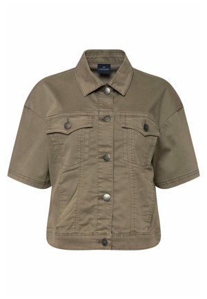 Giacca di jeans cropped verde oliva con maniche corte, dotata di bottoni a pressione argentati, due tasche sul petto e un design con colletto classico.