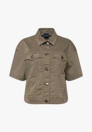 Olivgrüne, taillierte Jeansjacke mit kurzen Ärmeln, die mit silbernen Druckknöpfen, zwei Brusttaschen und einem klassischen Kragen-Design ausgestattet ist.