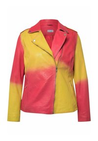 Giubbotto in pelle con una sfumatura che va dal rosa vivace al giallo brillante, dotato di zip frontale, tasche laterali e design con colletto classico.
