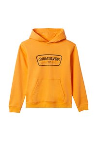 Oranžová mikina s kapucí a přední kapsou, s černým logem Quiksilver a textem. Bavlněný materiál s ribovanými manžetami a lemem.