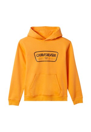 Orange Kapuzenpullover mit einer Vordertasche, versehen mit einem schwarzen Quiksilver-Logo und Text. Aus Baumwollmaterial mit gerippten Bündchen und Saum.