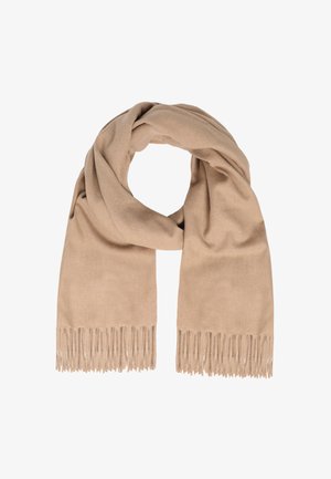 Sciarpa in tessuto morbido beige con estremità frangiate, piegata in modo loose in un anello su uno sfondo bianco.