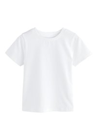 T-shirt en coton blanc à manches courtes, col rond, et texture lisse. Design simple sans motifs ni accents.