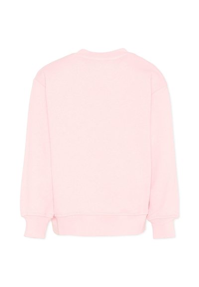 Sweatshirt rose clair à col rond avec manches longues, poignets et taille côtelés, présenté de dos sur un fond blanc.