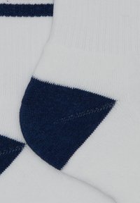 Calzini bianchi con tallone e punta blu navy, con una texture a coste e strisce orizzontali blu navy nella parte superiore.