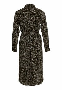 Robe midi noire à manches longues avec des pois beiges, col haut et taille cintrée, vue de dos sur fond blanc.