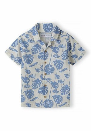 Jasnoniebieska koszula z krótkim rękawem zapinana na guziki, z tropikalnym wzorem roślin na kremowym tle. Wykonana z przewiewnego materiału.