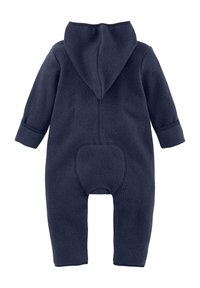 Navy Fleece-Einteiler mit Kapuze, elastischen Bündchen und einem Rückenpatch. Glatte Textur, Reißverschluss, Design mit kompletten Beinen. Weicher und warmer Stoff.