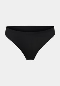 Black bikini bottom with a smooth, stretchy fabric. Features a low-rise design and minimal coverage for a sleek appearance.