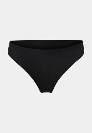 Black bikini bottom with a smooth, stretchy fabric. Features a low-rise design and minimal coverage for a sleek appearance.