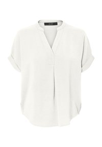 Weißes kurzärmeliges Blusenshirt mit V-Ausschnitt, leichter Textur und abgerundetem Saum. Mit aufgekrempelten Ärmeln und einer mittleren Nahtdetails vorne.