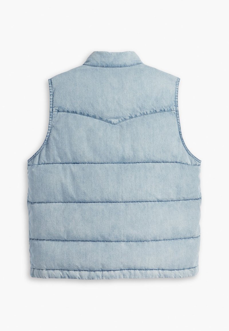 Veste sans manches, bleu clair et rembourrée, avec un col, une texture en quadrillage horizontal et un design de empiècement en V dans le dos.