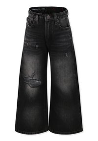 Jeans neri in denim a gamba larga con dettagli strappati e toppe sfrangiate. Cinque tasche, chiusura con zip e bottone. Tessuto liscio.