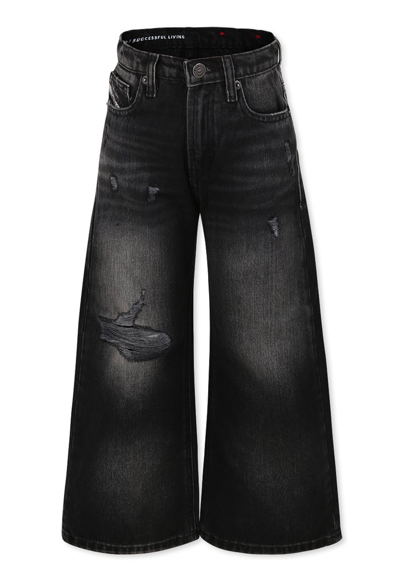 Jeans neri in denim a gamba larga con dettagli strappati e toppe sfrangiate. Cinque tasche, chiusura con zip e bottone. Tessuto liscio.