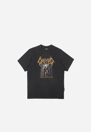 Čierne bavlnené tričko s krátkymi rukávmi, na prednej strane s grafickým dizajnom v zlatej farbe a textom "nájdi svetlo". Jednoduchý, klasický strih.