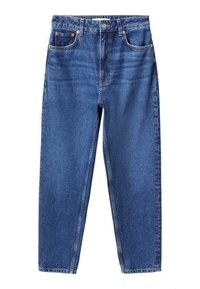 Blå højtaljede jeans lavet af denim med afslappet pasform, der har fem lommer og kobbernitter. Midt på læggen længde med lige ben.