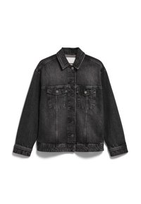 Zwarte denimjas met knoopsluiting, twee borstzakken, een spitse kraag en lange mouwen. Vervaagde textuur over het geheel.