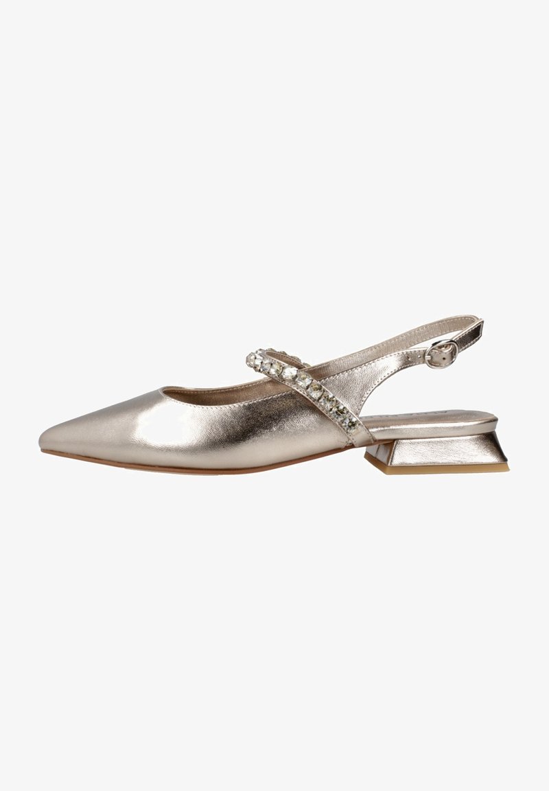 Scarpa slingback in argento metallico con punta appuntita, tracolla decorata, tacco basso a blocco e texture liscia.