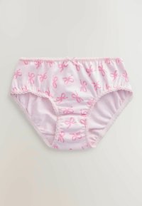 Heleroosa naiste aluspüksid roosade paelamustritega, pitsist ääred ja väike pael vöörihma keskosas.