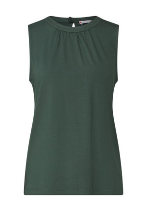 Haut sans manches de couleur vert foncé, présentant un col rond et des plis à l'avant, fabriqué en tissu léger et doux. Fermeture par cléholes au dos.