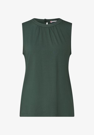 Bezramkowy top w ciemnozielonym kolorze, z okrągłym dekoltem i plisowanym detalem z przodu, wykonany z lekkiej, miękkiej tkaniny. Zapięcie na guziki z tyłu.