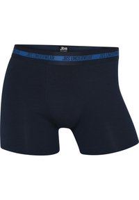 Marinblå bomullsboxershorts med resårmidja som har texten "JBS UNDERWEAR" i en ljusare blå nyans. Slät textur.