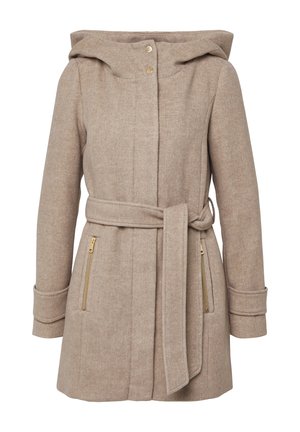 Cappotto beige in misto lana con cappuccio, vita con cintura e tasche laterali con zip. Presenta un motivo a spina di pesce testurizzato e una vestibilità su misura.