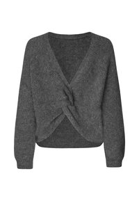 Tmavě šedý svetr s dlouhým rukávem, hlubokým výstřihem do V a zkrouceným uzlem v přední části.