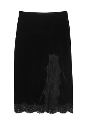 Black velvet skirt with a lace trim hem. Features a fitted silhouette and subtle texture, highlighting the contrast between smooth fabric and intricate lace.