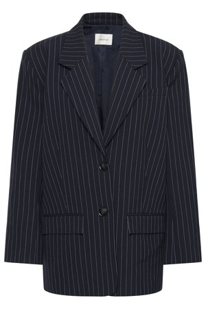 Navy pinstripe blazer with a notched collar, two front pockets, two buttons, and a lined interior. Tailored fit, structured design.