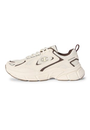 Scarpa sportiva bianca con dettagli marroni, inserti in mesh, suola spessa, chiusura frontale con lacci e logo Champion sul lato.