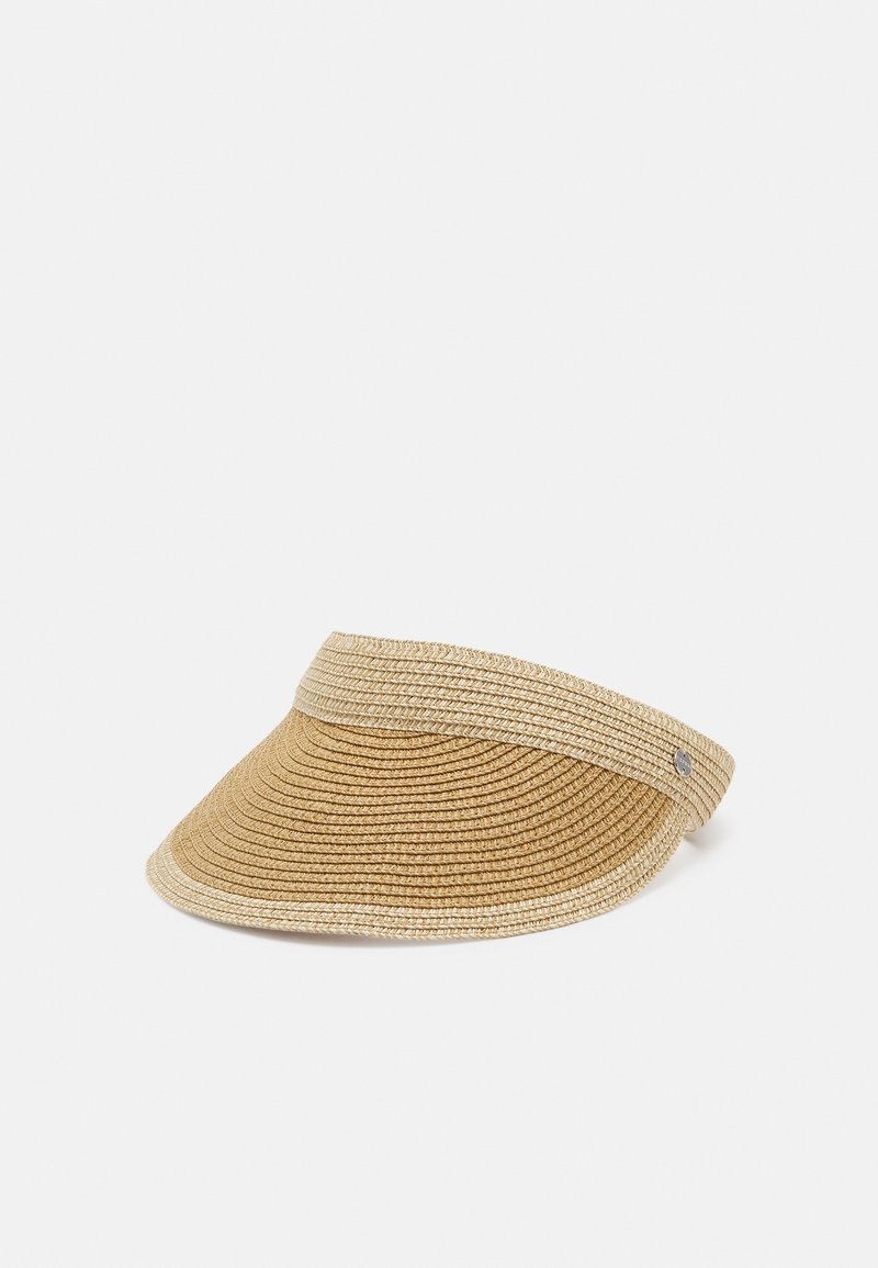 Visière de soleil en paille tissée beige avec large bord et bordure claire, conçue pour l'ombre et la respirabilité.