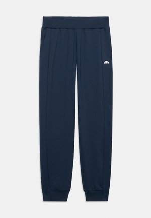 Pantalon de jogging bleu marine avec taille et poignets élastiques, poches latérales et petit logo blanc sur la partie supérieure gauche de la jambe.