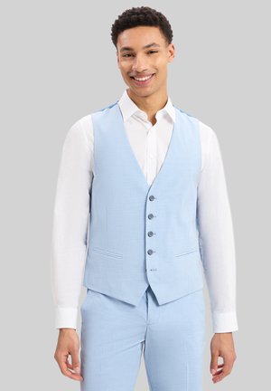Light blue vest made of textured fabric, featuring a V-neck, five buttons, two front pockets, paired with a white collared shirt.
